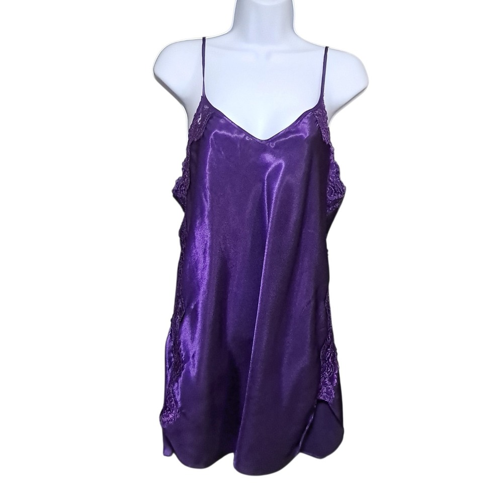 Inner Most Vintage Purple Satin Lace V Neck Babydoll Nightgown Large 90s Nightie